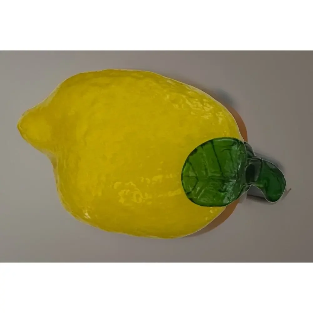 Vintage Large Studio Art Glass Hand Blown Fruit Yellow Lemon Green Stem 3” X 4